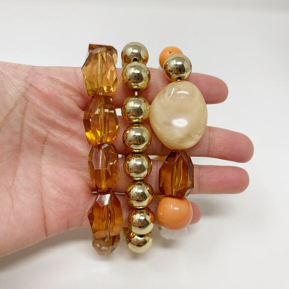 Set of 3 Beaded Fashion Statement Bracelets Gold Peach Orange Copper - Picture 7 of 7